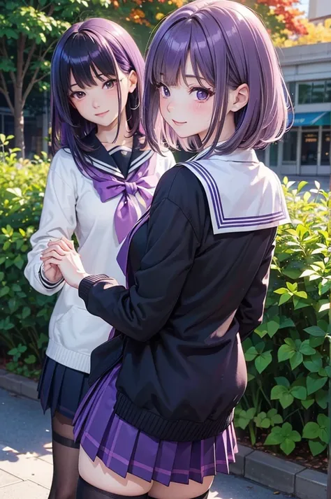 ( Best Quality, high definition ,8k,inelity detailed background, Masterpiece:1.2), pretty girl,( glossy purple hair:1.3),(long hair:1.2) ,short hair, bob cut, ,Beautiful purple eyes,autumn,school uniform,black cardigan,skirt,black tights,(zettairyoiki:1.2)...