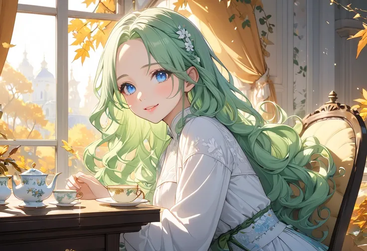 (beautiful and delicate), (holy illustration), (solo), (age 15), (vivid forehead) (vivid light green hair delicate long wavy hair) (best cute girl), (best cute blue eyes), (cute glossy lip), ((beautiful makeup)), (sexy smile), (small tits), break, in the L...