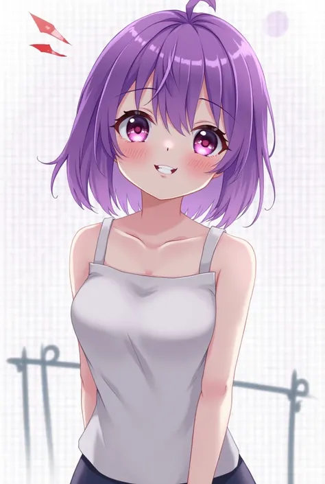 ( wallpaper  ) young girl Short purple hair eyebrows and eyes , breasts, from above, language, Way a way, anime 