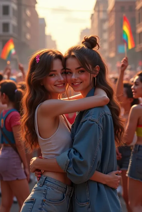 Two girls in crowded its like revealing them selves as a couple LGBTQ acceptance 