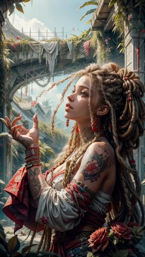 ankymoore, low-angle view, a rapper with dreadlocks and tattoos, wearing white and red sexy clothing, graffiti background, (masterpiece), (best quality:1.2), absurd resolution, intricate details, flowers, leaves, roots."