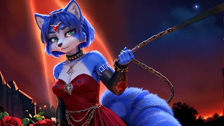 a picture of ((krystal)), Star Fox-Krystal, lovable, green eyes, ((( long blue hair 1 .3))), Decollete, anthro, Fuzzy,  detailed Fluffys fell,  detailed face , (Fluffy), Alone,    dark clothes 、dark good、dark skirt、 Best bust、Ravine、Luck、A slender、provocat...