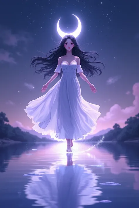 d anime ) , night sky Full of stars ( purple sky ) , a gorgeous mid age women in white elegant dress ( dark eyes , black hair, round shape face , gorgeous forehead) elevitating on water ( water surface reflecting night sky ) , shining white crescent moon o...