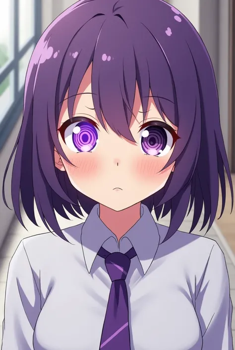  anime woman with short shoulder-length hair in purple, circular pyar spinning eyes ,  looks dizzy almost ,  wears a school shirt with a purple tie ,  half-body photo 