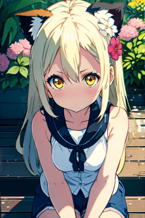  girl with dog ears and tail ,Baby kitsune，  yellow eyes like honey , wide,((( white)))hair, whole body,  denim shorts ,  clear blouse ,  beautiful body, face (  Details),   Details skin,  sit on a courtyard bench with lots of flowers and plants and look u...