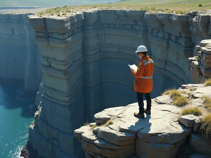 geologist engineer on a cliff of almost gray black layers of limestones caused by erotion while below you can see the micritical color of the limestones holding a notebook reading what he says 