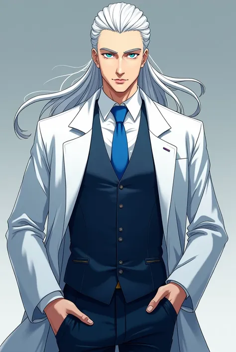  A 29-year-old Spanish man who is 7 feet tall with long white hair tied, two blue eyes,  pale skin ,  wore a dark blue dress vest ,  a white button-down shirt with sleeves rolled up to the elbows, a blue tie and a lab coat .  anime style