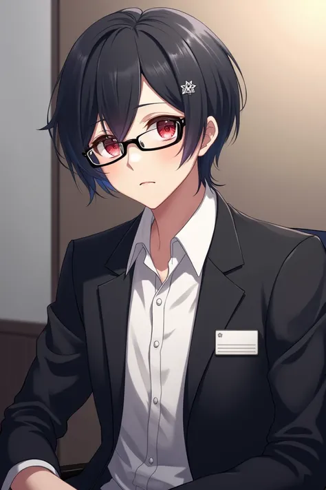 1 anime boy, sensei (blue archive), blue archive, sitting ,Short black hair, red eyes, with an 8-pointed star in the middle of the eye.Attach two silver hair clips. wearing black glasses,White office shirt, black suit, name tag hanging,masterpiece,very aes...