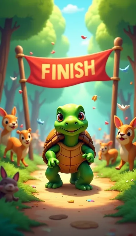 A triumphant green tortoise crosses the colorful finish line in a cartoon-style forest. A "Finish" banner stretches between two poles, and animals like deer, squirrels, and birds cheer with excitement. Confetti is falling from the sky, and the scene is bri...