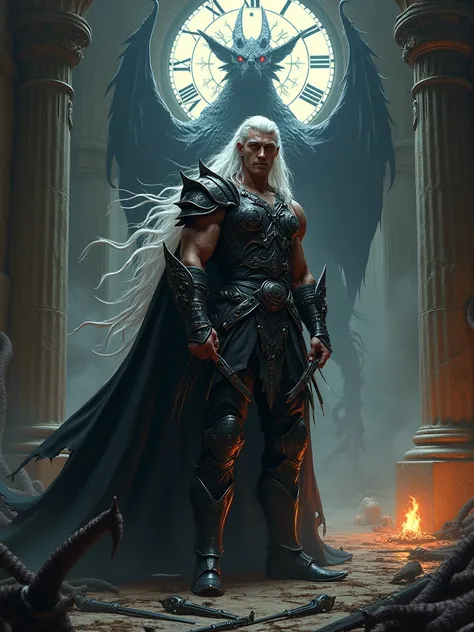  horror warrior with red eyes and long white hair in a gothic combat costume，The black dragon descended behind him ， strong body， Handsome，Turn sideways，There is a flame under your feet，Standing under an ancient clock ，The ground is full of weapons.  and e...