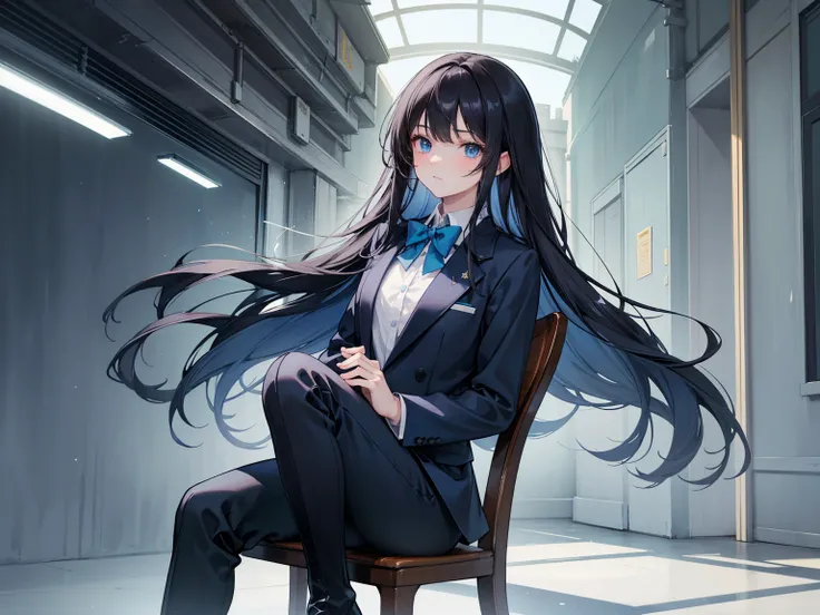 A high school student ， Has long, dark hair ， with warm blue eyes  ， Wore a fresh blue suit and black boots，  pure white collar and bright green bow 。  has long dark hair and warm blue eyes ， sitting in a chair 。