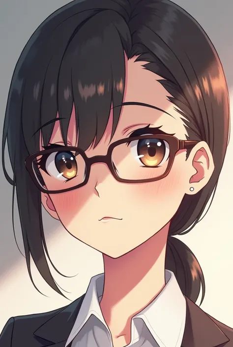 Create an anime woman,  who wears glasses and pastes the following text on the image:
 The woman with glasses is considered sincere , worker, smarter and more formal 


