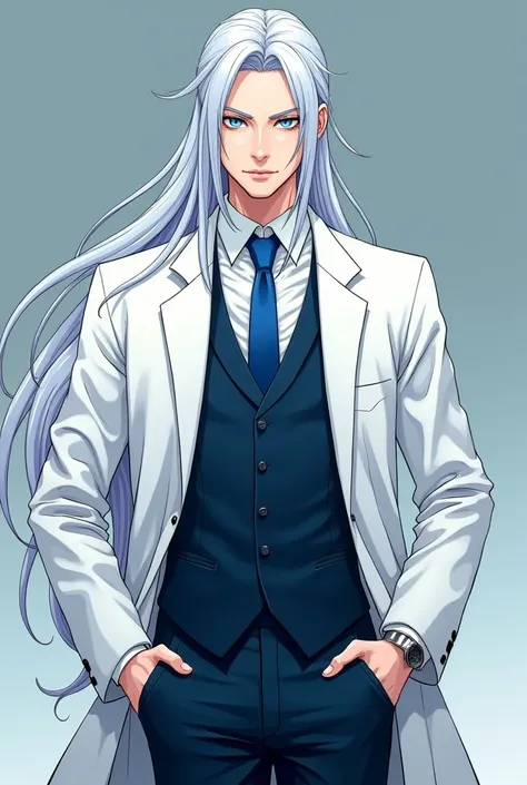  A 29-year-old Spanish man who is 7 feet tall with long white hair tied, two blue eyes,  pale skin ,  wore a dark blue dress vest ,  a white button-down shirt with sleeves rolled up to the elbows, a blue tie and a lab coat .  anime style