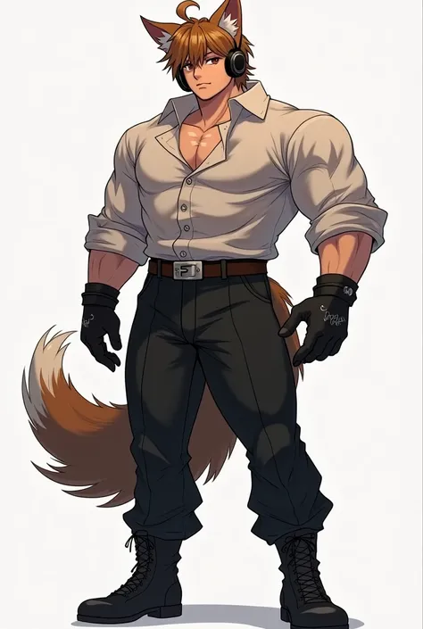 boy,  brown hair,dark brown eyes,dog ears,dog tail,fancy shirt,fancy pants,black cloves,black headphones,anime,tall big man