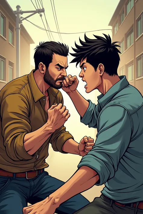 A young boy of 20 punching a sturdy man in the nose with his elbow from behind manga style