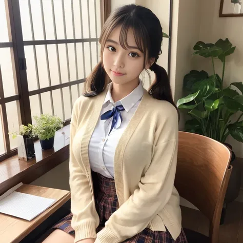 cute十代の girl、Defecation、 Japanese、でDefecation、 Exposed Chest 、Big Breasts、 Areola, 膣内で注eyeを集めているのは, Reflects light、  twin tails、学校の教室にいるクリエイティブな girl。Sitting at a desk、 plaid skirt 、 cardigan、blouse、Wearing a Japanese uniform with a tie、前hairが非対称の明るい茶色の長いh...