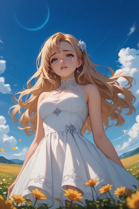  beautiful girl crying in front of a cosmos field、 White Dress 、 angle of view from the front、The sky is clear blue sky 、 Shinkai Makifus illustration 、