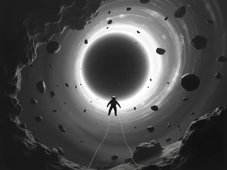 [black hole][ black and white ][Astronaut falling inside][ position : head on][Asteroids][galactic background]