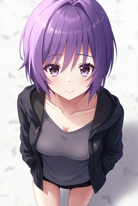 ( wallpaper  ) young girl Short purple hair eyebrows and eyes , breasts, from above, language, Way a way, ropa casaca negra y panties negro, anime