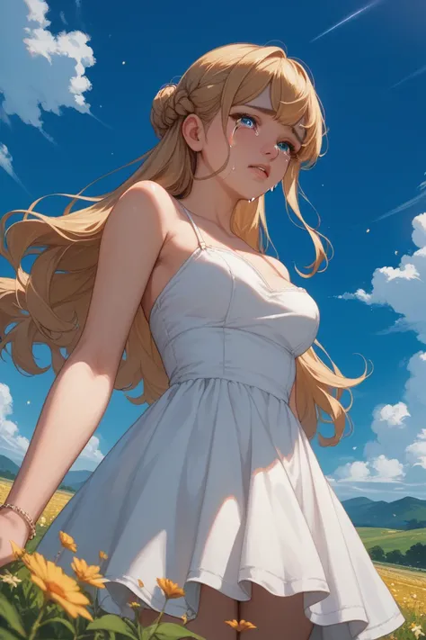  beautiful girl crying in front of a cosmos field、 White Dress 、 angle of view from the front、The sky is clear blue sky 、 Shinkai Makifus illustration 、Less exposed skin、