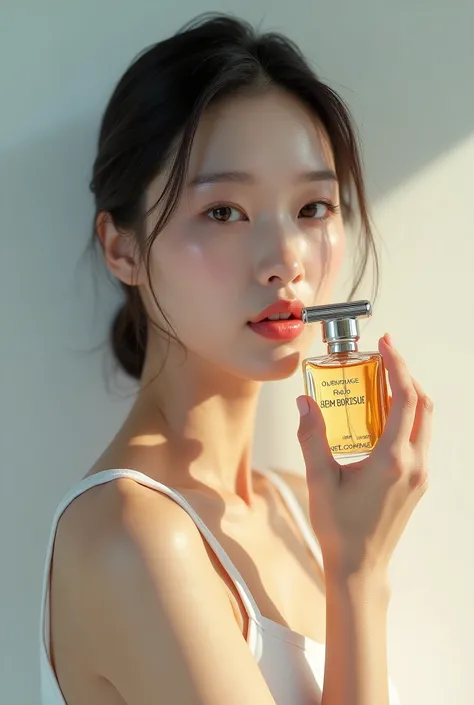  A Chinese person holding a perfume bottle in one hand ， Place it next to your face ，Please take a picture。 Make sure the photo shows the razor brand。， ADVERTISING CAMPAIGN ，H3H3，Taoism，Shot of，Beauty Retouching，Cool and bright tones，Dua Lipa ，Official pro...