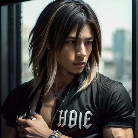 1 man, Japanese man, male, Asian eyes, muscular, broad shoulders, tattoos, hairstyle Visual Kei style, hair Visual Kei, black mens shirt and black pants, ultra detailed face, hyperrealistic, realistic representation, long hair, long hair, 30 years old, age...