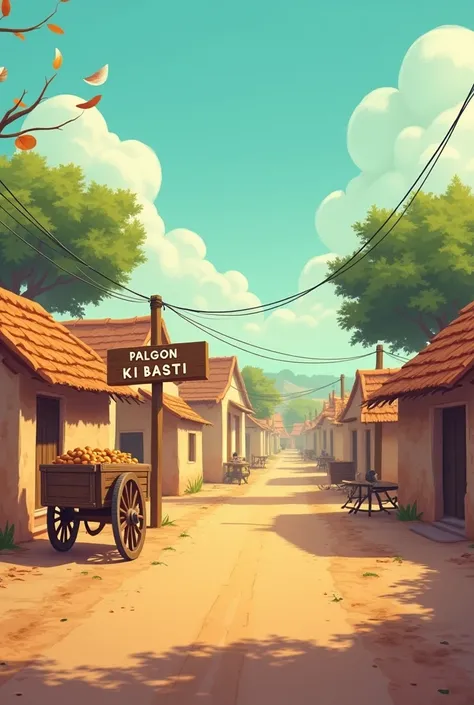 A rural scene featuring a dusty street lined with simple homes and a signpost indicating پالگوں کی بستی (Palgon Ki Basti). A wooden cart is parked nearby, and a few trees are visible in the background. The image includes humorous text elements and emojis, ...