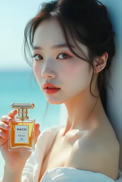  A Chinese person holding a perfume bottle in one hand ， Place it next to your face ，Please take a picture。 Make sure the photo shows the razor brand。， ADVERTISING CAMPAIGN ，H3H3，Taoism，Shot of，Beauty Retouching，Cool and bright tones，Dua Lipa ，Official pro...