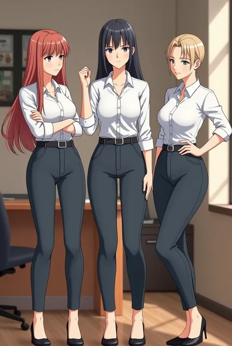 A bunch of office female employees, all notoriously doubtful, wearing formal greyishblue buttoned shirt tucked skintight pants and black belt, skinny pants and skinny legs, wearing office uniform, standing side by side.