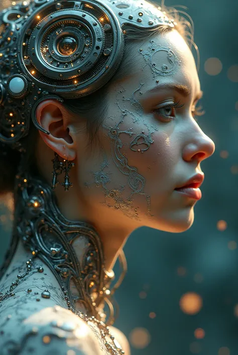 The goddess of fate and destiny, highly technologically advanced, head to breast. High Resolution, Masterpiece, Award Winning, Best Quality, High Details, High Quality, UHD, Optical Illusion, Impressionism, Art Deco, Cinematic, Cinematography, Futurism, Hy...