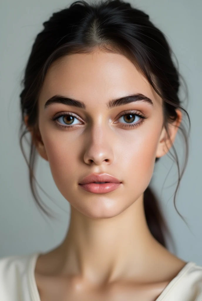 hyper realistic photo face portrait of a young woman with a symmetrical face, clear skin, and a soft, natural expression. She has neatly groomed eyebrows, slightly arched, and large almond-shaped brown eyes. Her lips are full and softly shaded with a natur...