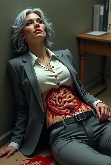  Beautiful Businesswoman emoji 😨 head grayy suit , open jacket, office formal buttoned shirt tucked in skintight pants, skinny legs and black belt is disemboweled in office ,she is clutching her small intestines, her small intestines are hanging out of her...