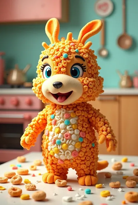 Creat a Cartoon character made by cereal food