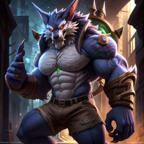 Alone, 1 lobo, eyes, 5 fingers, (warwick lol), Muscular, 2,33 tall ,  200 kg in weight ,  ripped brown denim shorts,  red eyes , white pupil, confident pose,  background Cidade de Arcane , 4K,  good resolution , perfect anatomy,  great quality , masterpiec...