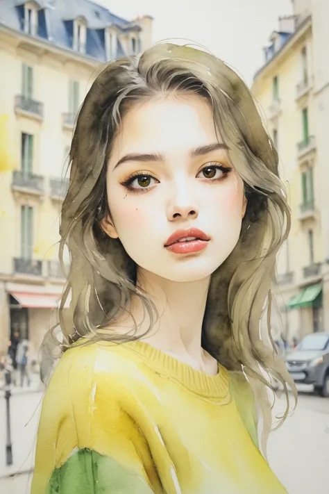 Watercolor、Damaged Paper、Old style、Faded color、composition、Golden Ratio、Functional、grace、 Details 、background、Soft colors、Blurred Lines、round face, Dark Eyes,  elegant ,  plump lips , Elegant, Long Hair, Watercolor, ,４８talent,( Yellow Green Sweater), (lips...