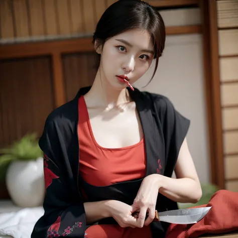 a very beautiful oriental woman with bitter eyes, ,  wearing a black japanese kimono over a red tank top, and holding a knife in...