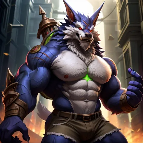 Alone, 1 lobo, eyes, 5 fingers, (warwick lol), Muscular,  detailed muscles ,  defined muscles, 2,33 tall ,  200 kg in weight ,  ripped brown denim shorts,  red eyes , white pupil, confident pose,  background Cidade de Arcane , 4K,  good resolution , perfec...