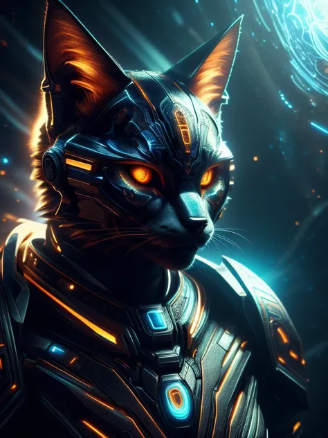 a cat woman hybrid wearing futuristic high-tech armor, beautiful detailed face and eyes, intricate mechanical armor, glowing energy effects, dramatic lighting, cinematic composition, muted color palette, photorealistic, (best quality,4k,8k,highres,masterpi...