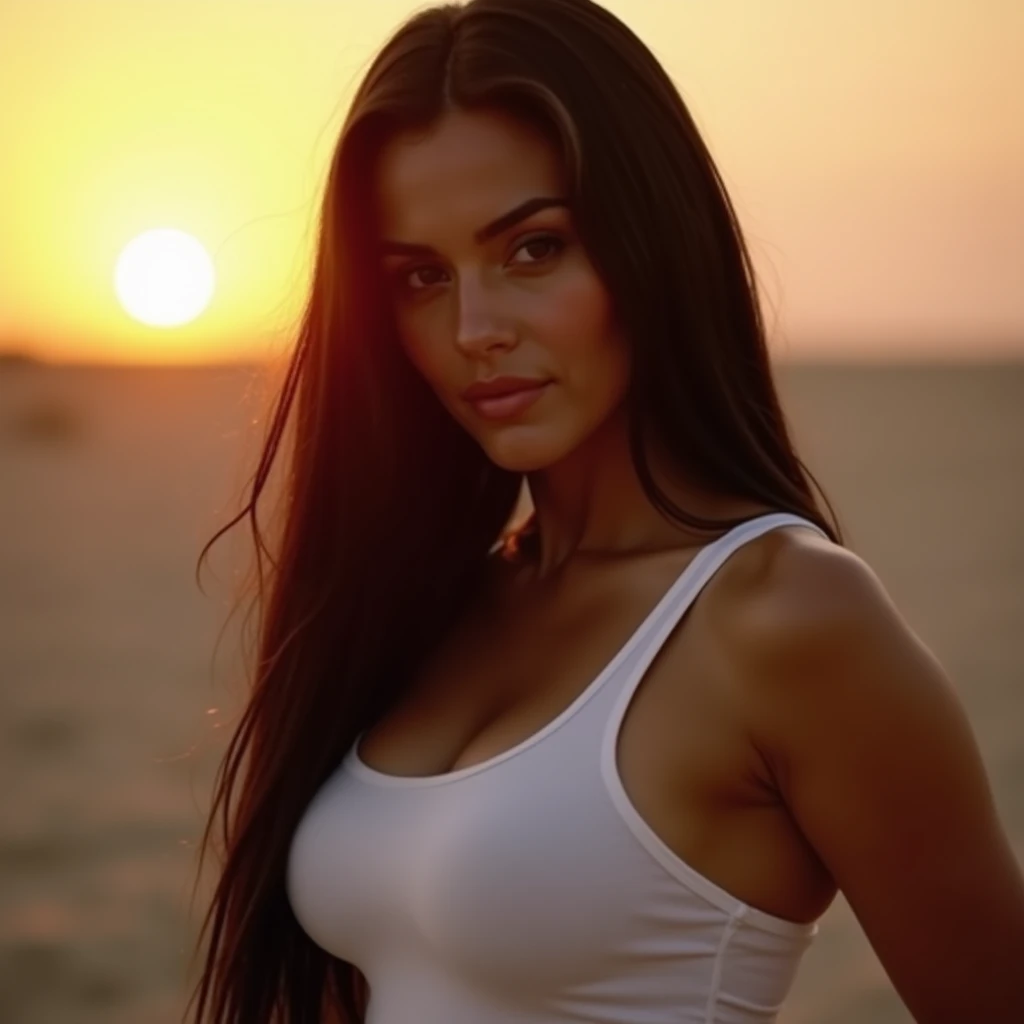  A Realistic photo of an aged 28 Latin woman, sexy body, big breasted EE-cup with super large breasts. long straight dark black hair. wearing a white tank top.  Beautiful sunrise lighting. body turned with seductive look at the camera. Close up face  photo...