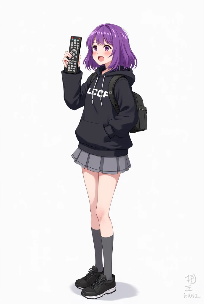 Teenage woman with purple hair standing on the front and her legs and wearing black shoes and gray socks and black poleron with a hood and with LCCP letters on the chest with and with backpack gray skirt anime image with a remote control black television w...