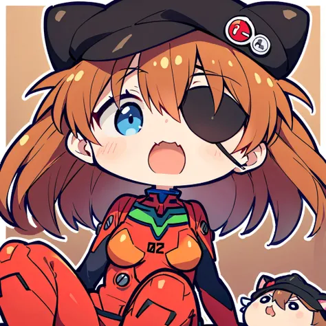 Chibi、 1 girl 、 Neon Genesis Evangelion、 Shikinami Asuka Langley sitting by the wall、 red plug suit、Eye patch（Cat hat、black）、