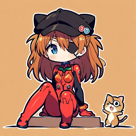 Chibi、 1 girl 、 Neon Genesis Evangelion、 Shikinami Asuka Langley sitting by the wall、 red plug suit、Eye patch（Cat hat、black）、