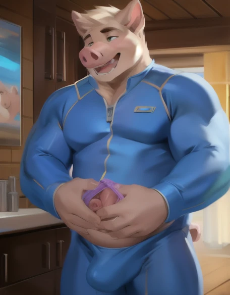 Living with a boy, male Tall , Stand upright,Grab your own crotch. den.,pig,Put on On the reproductive organs a condom, blue military spacesuit, overweight, muscular, Sexual Emotions , Ready to have intercourseby chunie​, Living with baby piglets Anal