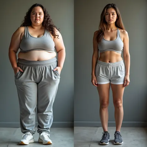 The image split in half of the same woman before and after, blurry face. In the former, the slightly overweight woman wears loose sportswear that completely covers her body.,  in the after that same woman looks slim and in casual clothes. 