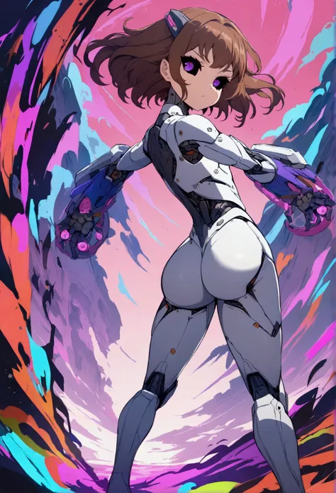 masterpiece , better quality ,anime style, Dynamic pose , dynamic angle , Dynamic background, multicolor background, 1 femboy, standing, purple eyes, cyborg, brown hair, black sclera, flat chest, plasma hand cannon, big ass