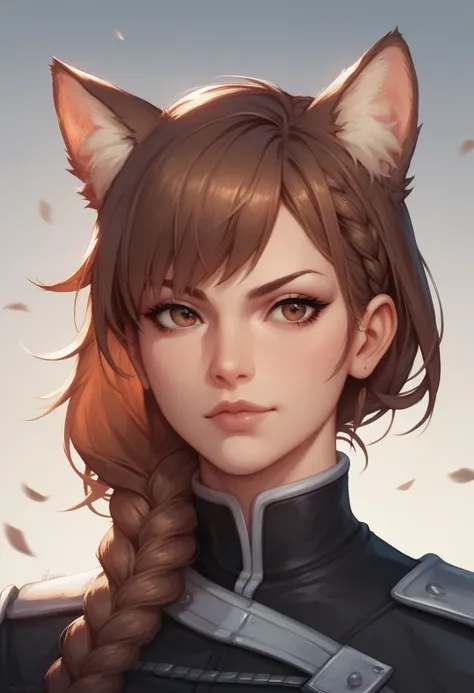 a wolf girl in black clothes, with brown eyes, brown hair, one braid on one side, bangs on one side, tall, slender, with a slight smile on her face and black patterns on her face, with a fluffy wolf tail and ears, serious, adult, judge