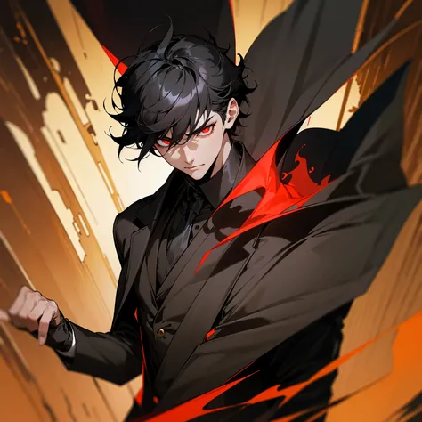 Black hair, short hair, gold eyes, dark eyes, teenager, glowing eyes, handsome male, male protagonist, all black suit, cape, dark hallway background, dark grey energies ,red color , scary