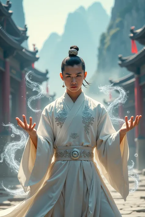 An image of a young Taoist ,  A sharp high-definition photo shows a Chinese male devotee, a very sharp, handsome, 18-year-old teen, a tough athlete., There is sight , with an ancient Chinese imperial hair embroidered with a pin , Nipple Man, Men with short...