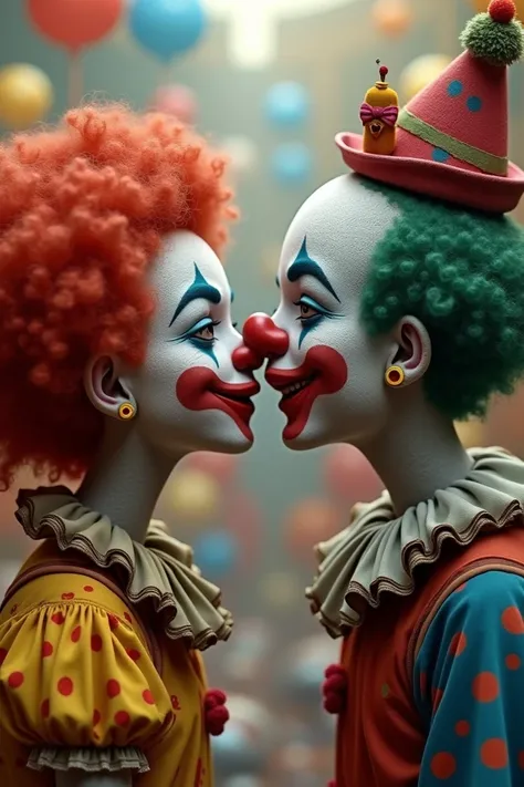 Let them be a couple of clowns that the girl kisses the nose of the boy who is in callification 