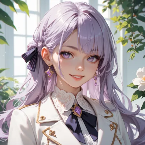 A pretty girl with no bangs, long light purple hair, light purple eyes, and a white suit with a clear smile